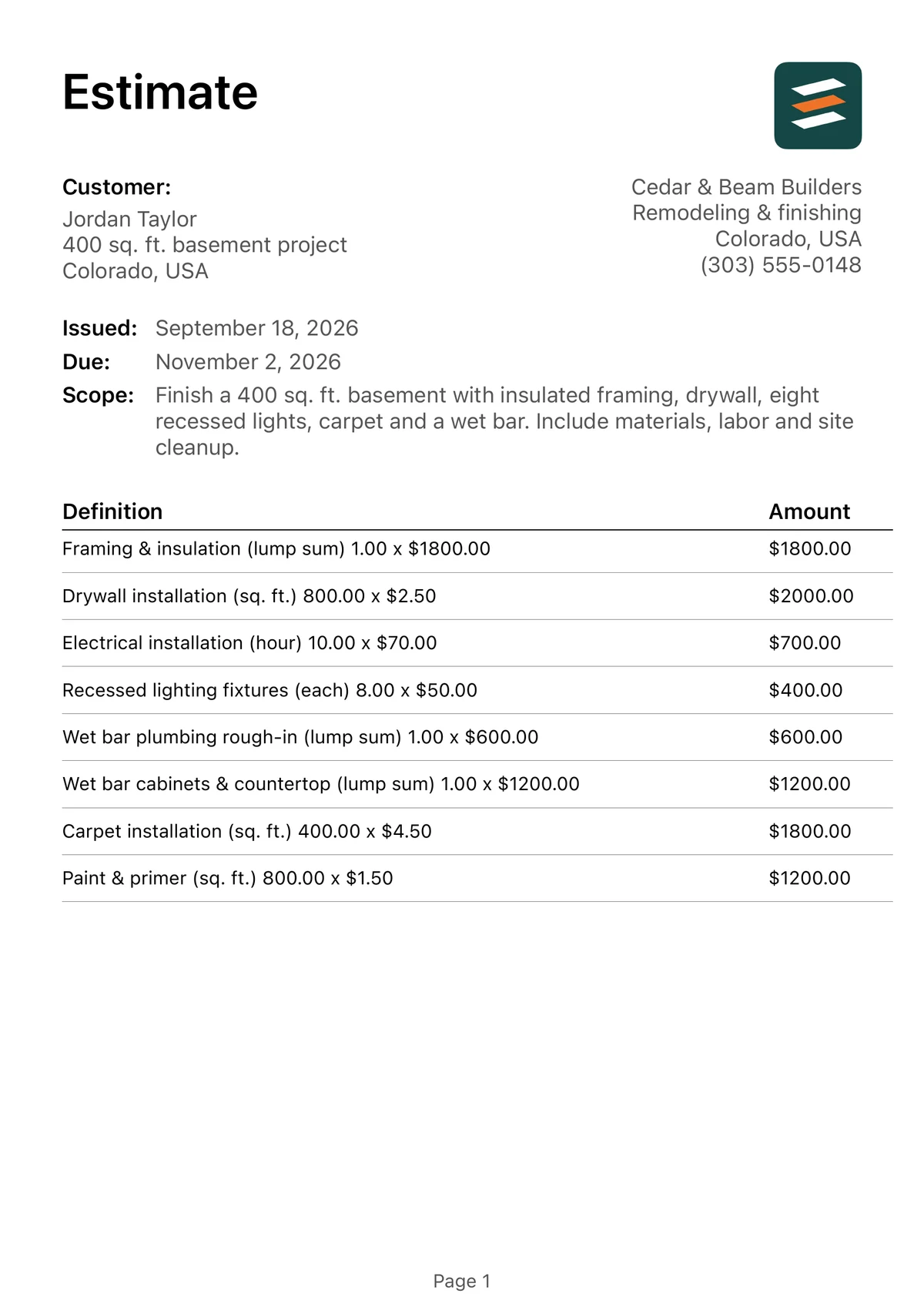 Basement estimate generated with the app’s PDF renderer