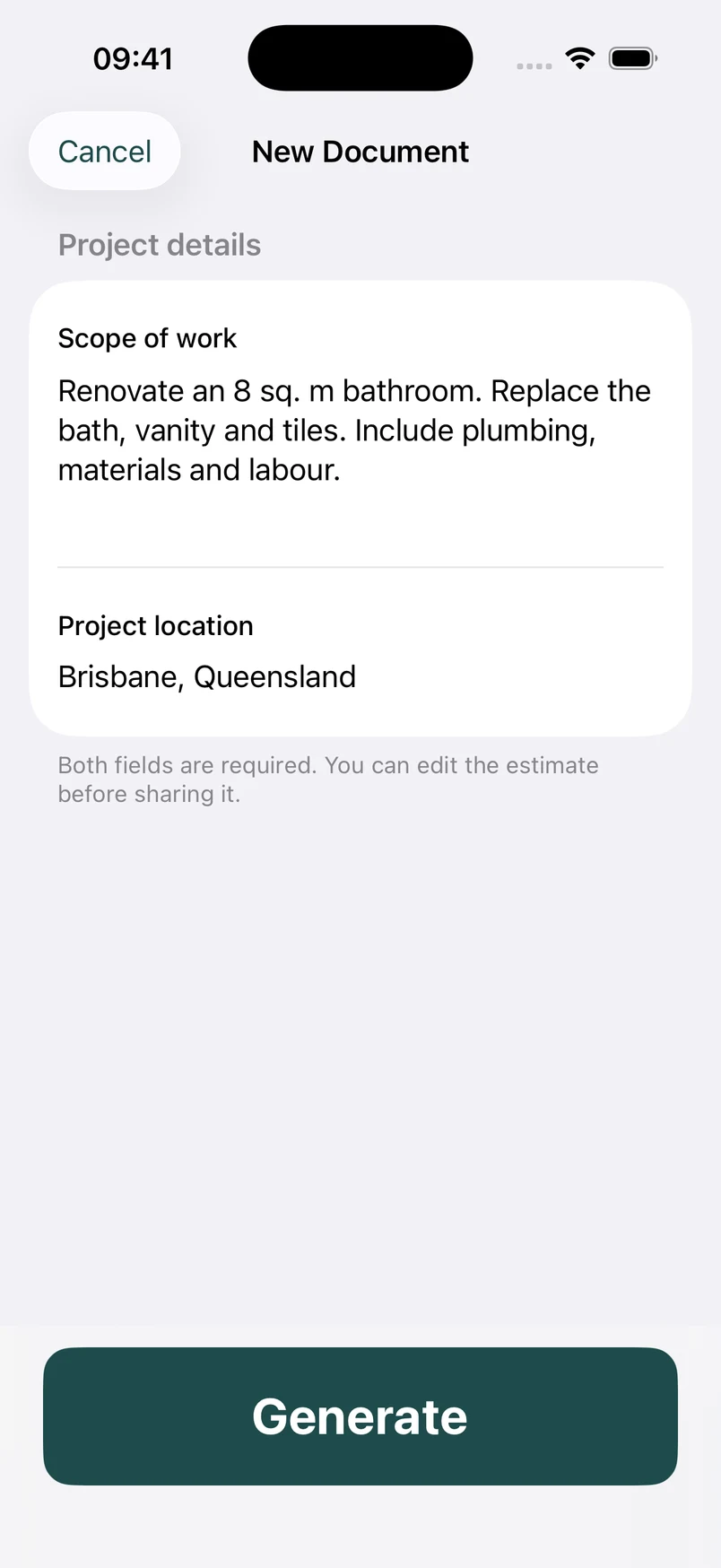 Estimates app for Australia: describe the project with AI assistance