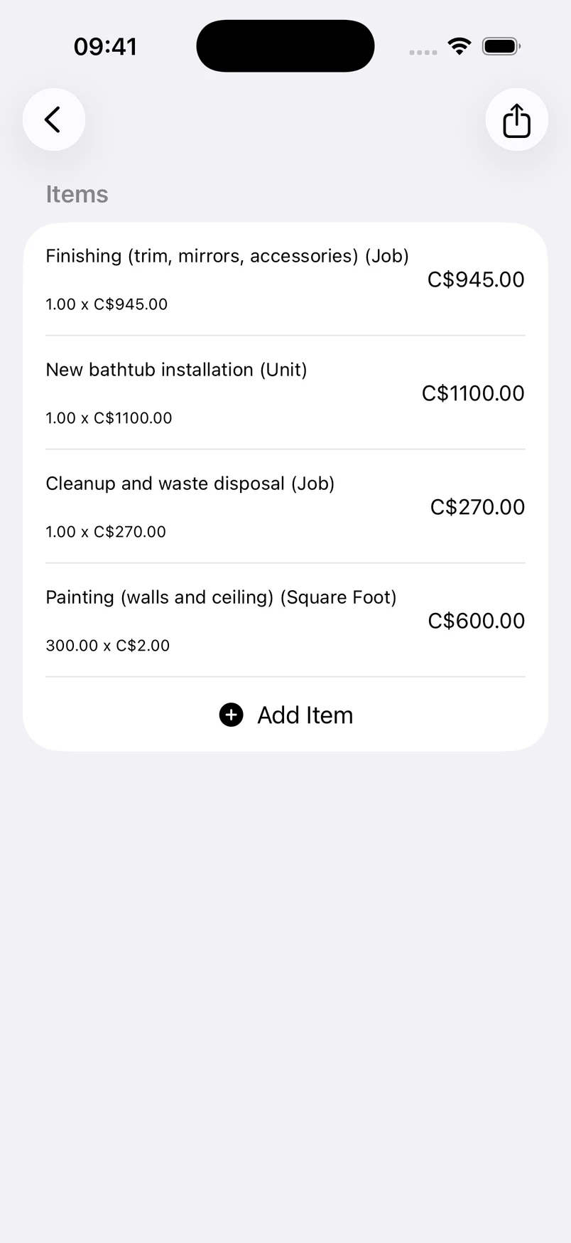 Estimates app for Canada: review editable quantities and unit costs