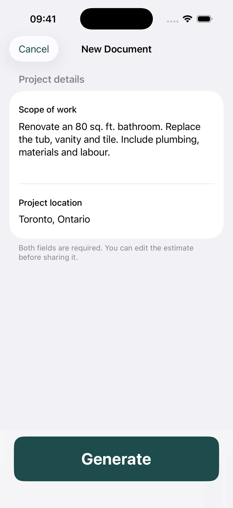 Estimates app for Canada: describe the project with AI assistance