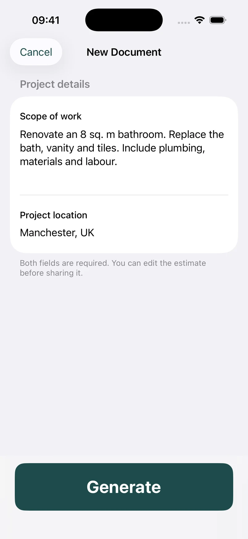 Estimates app for United Kingdom: describe the project with AI assistance
