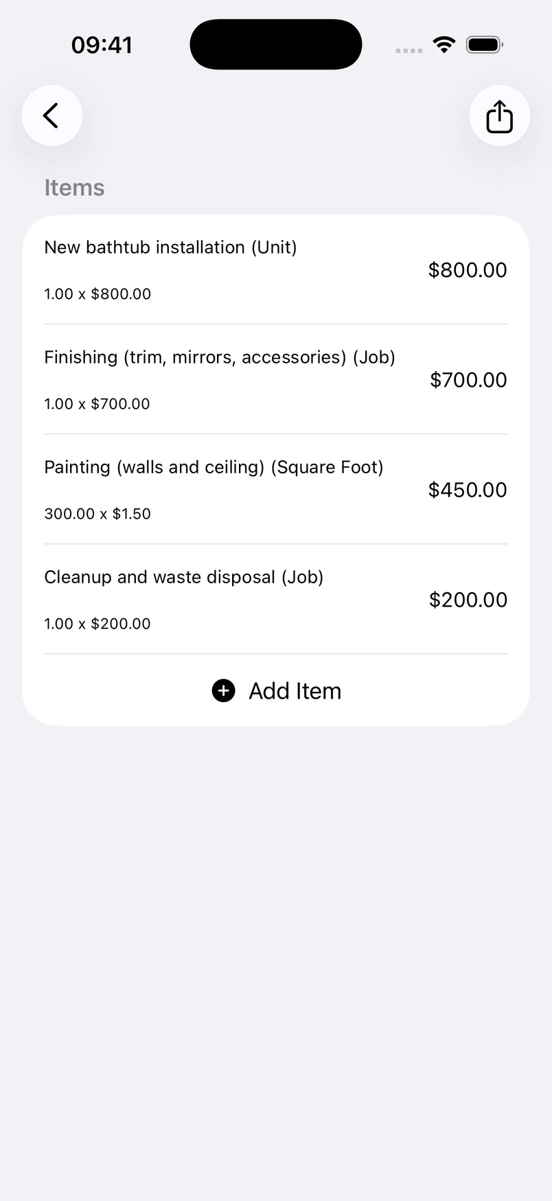 Estimates app for United States: review editable quantities and unit costs