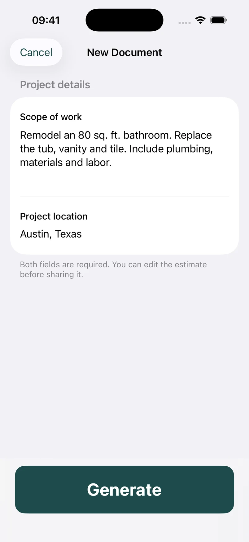 Estimates app for United States: describe the project with AI assistance