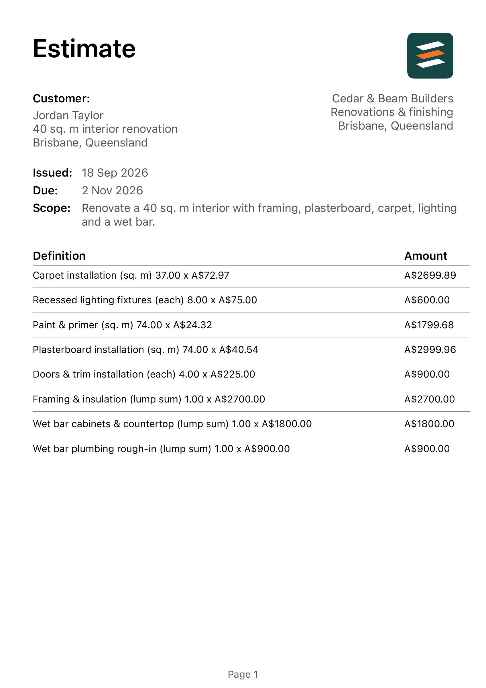First page of a Brisbane interior renovation estimate exported from the app