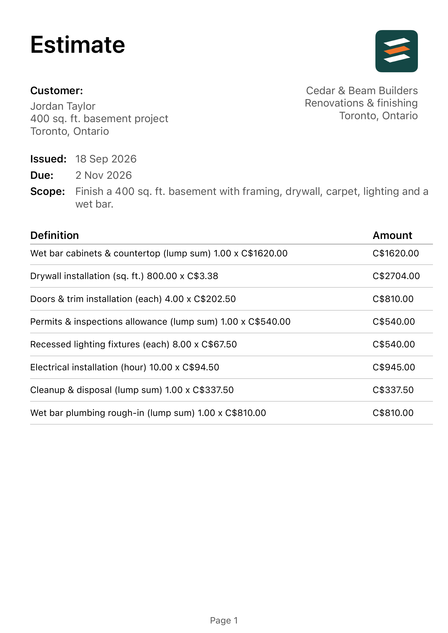 First page of a Toronto basement finishing estimate PDF in Canadian dollars