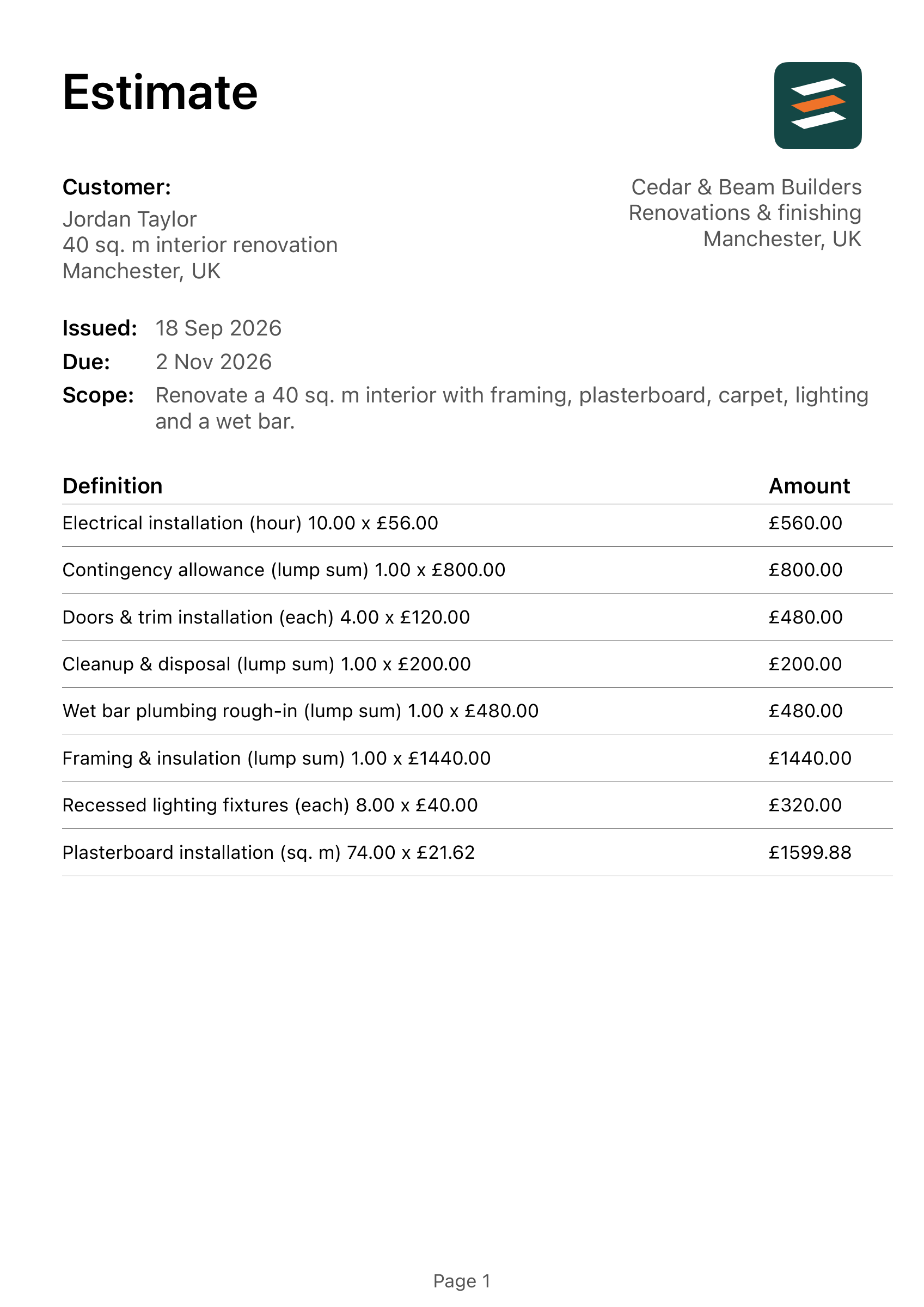 First page of the Manchester interior renovation estimate PDF