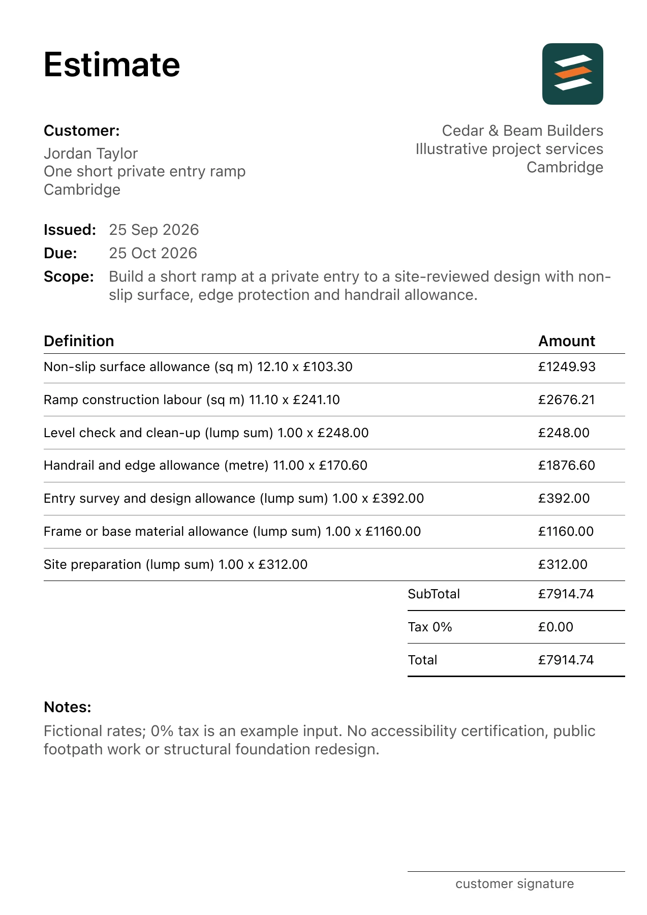 First page of the fictional accessible entry ramp installation estimate PDF
