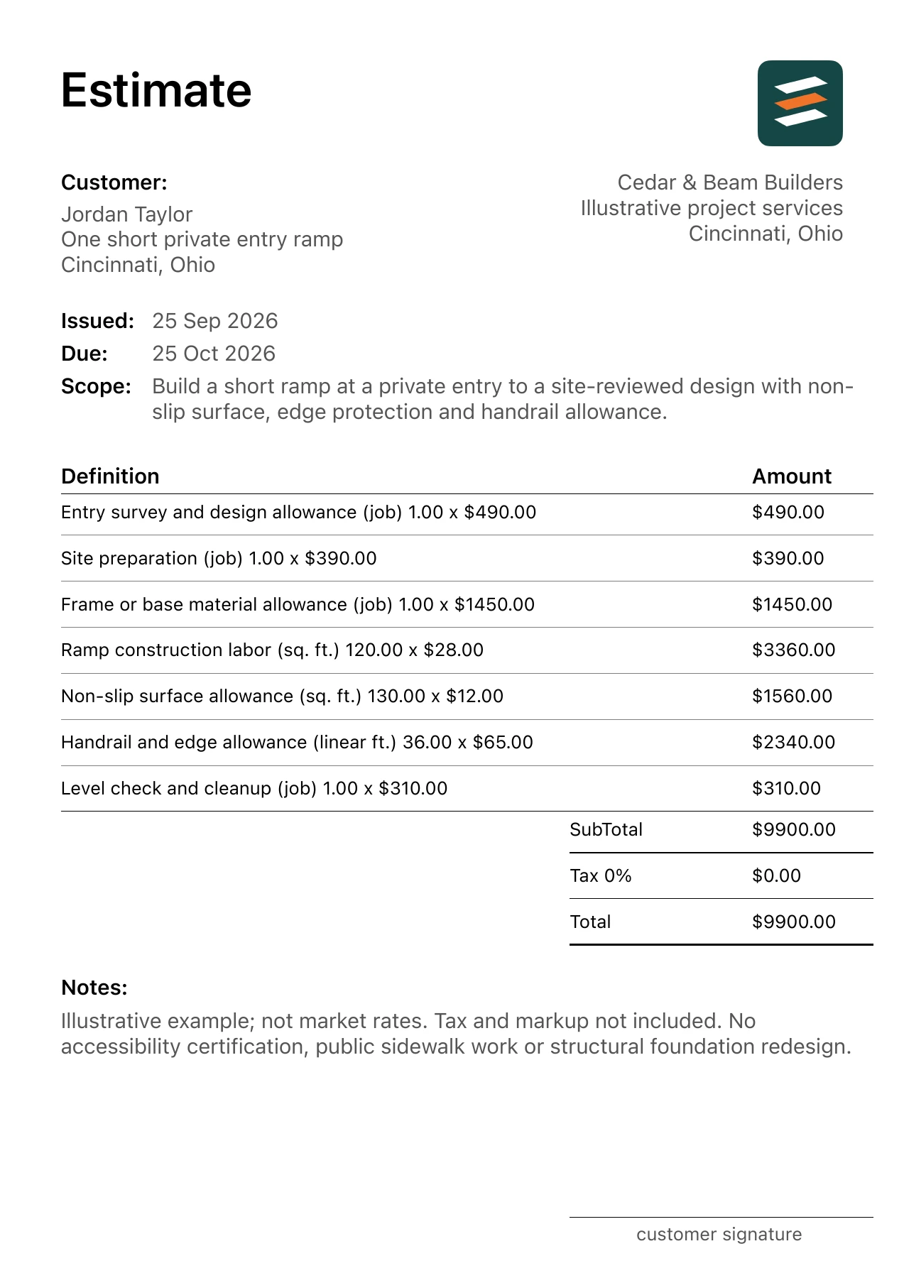 First page of the fictional accessible entry ramp installation estimate PDF