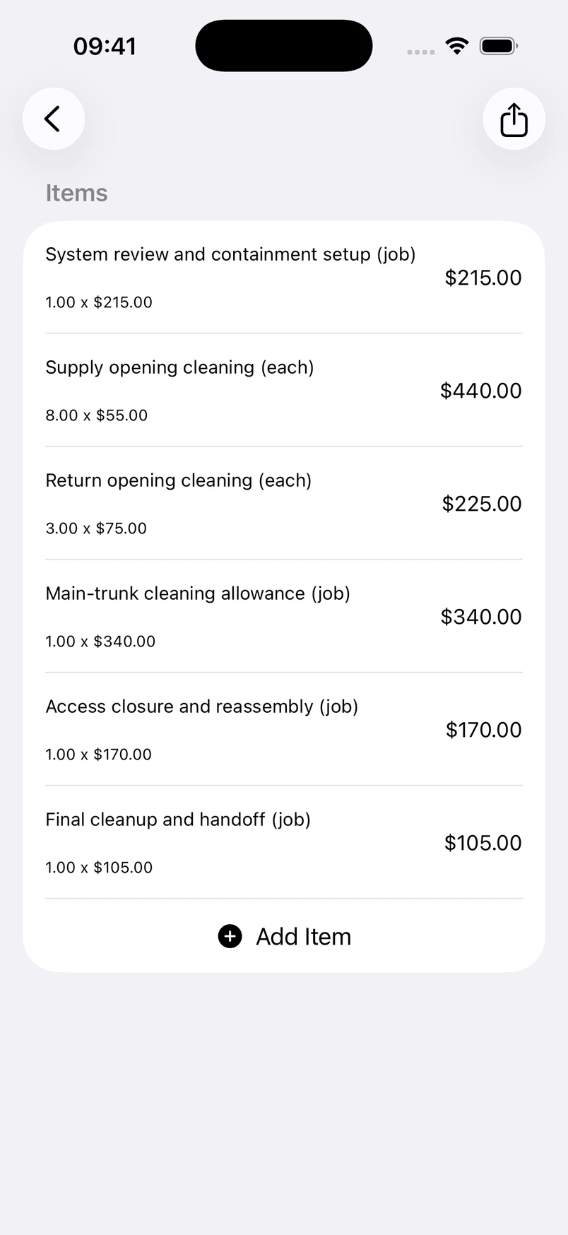 Air duct cleaning line items in the Estimates cost editor