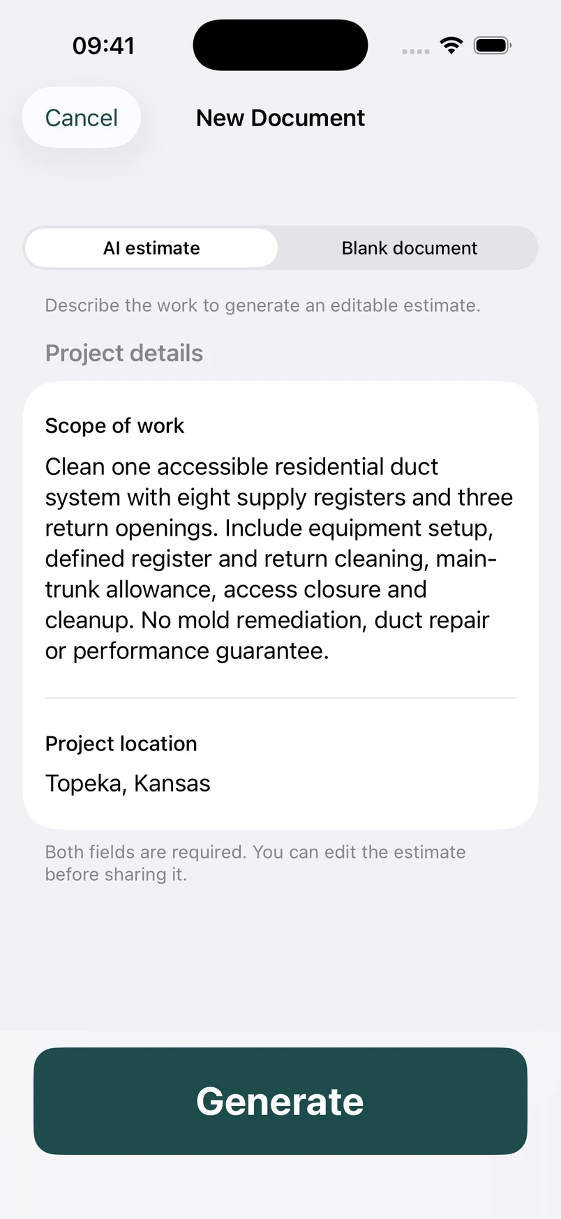 Air duct cleaning scope in the New Document screen