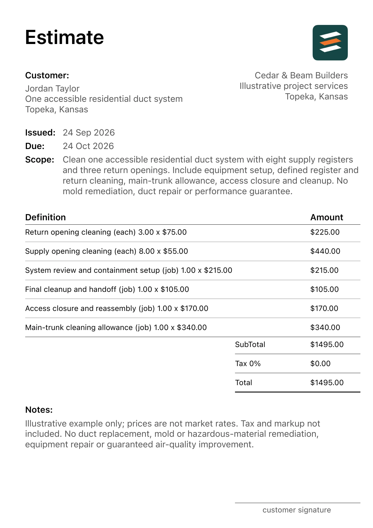 First page of the air duct cleaning estimate PDF