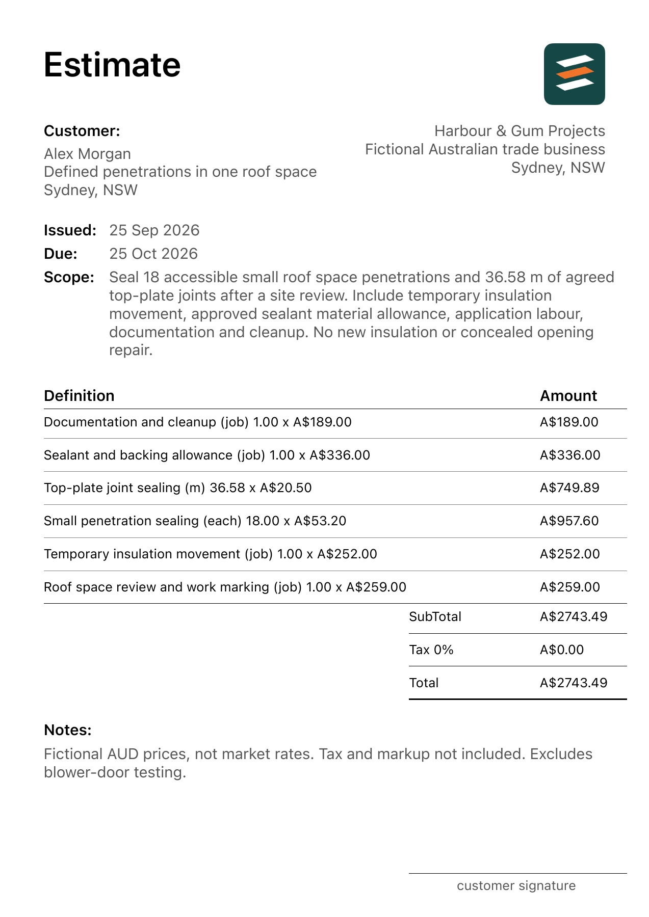 First page of the roof space air sealing estimate PDF