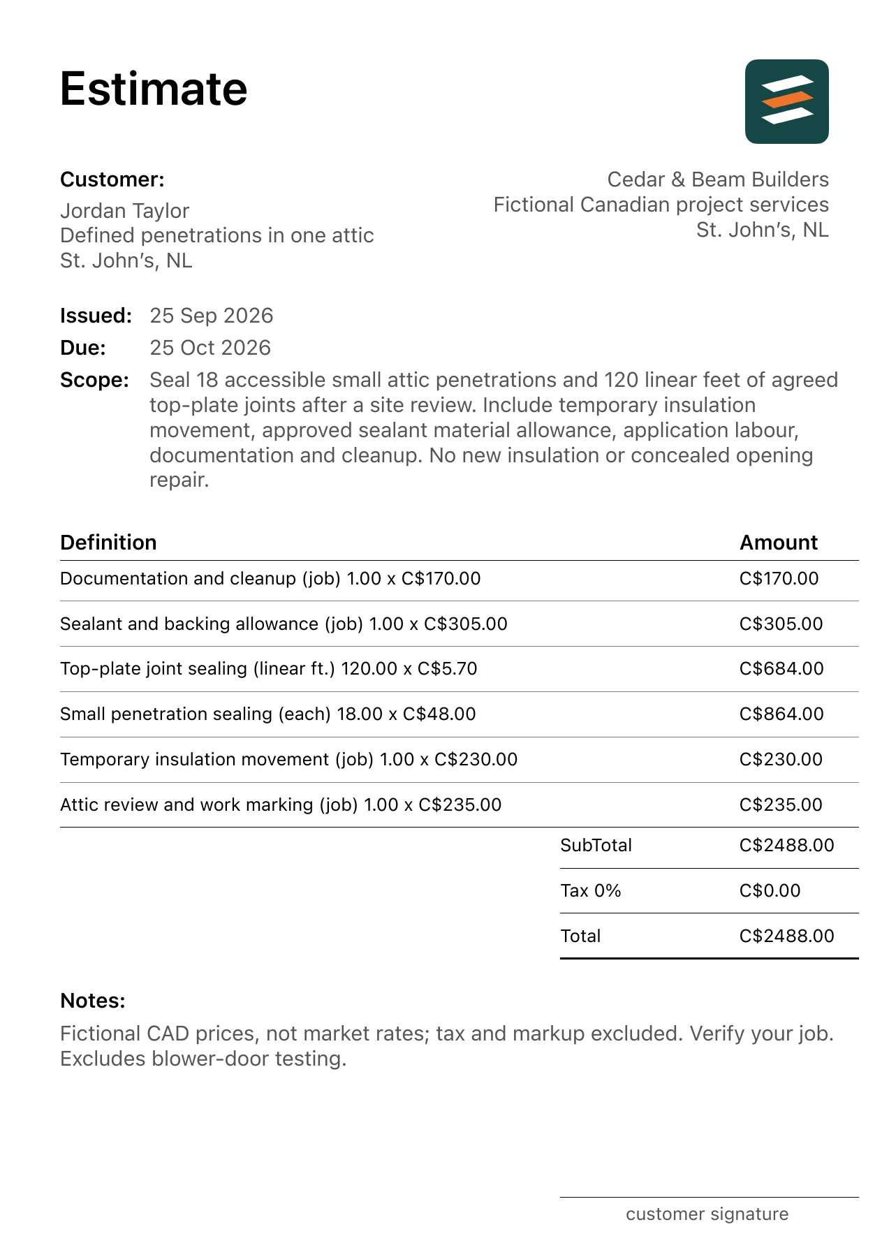 First page of the St. John’s, Newfoundland and Labrador attic air sealing estimate in Canadian dollars