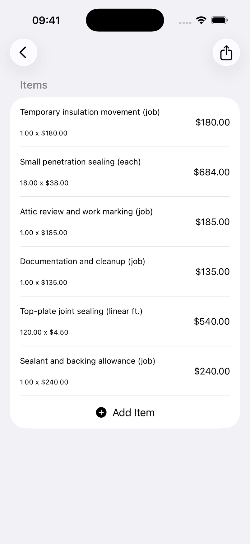 Attic air sealing line items in the Estimates cost editor