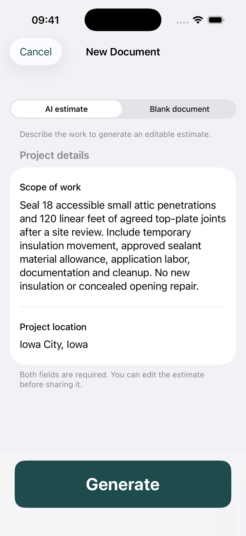 Attic air sealing scope in the New Document screen