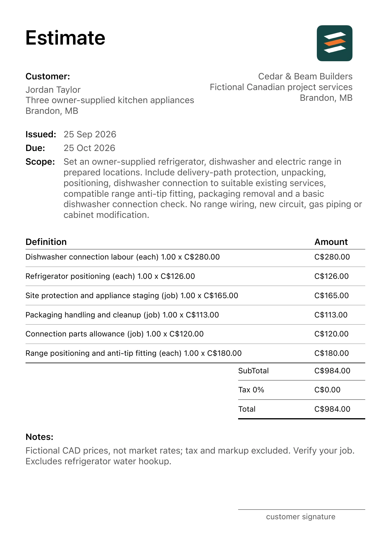First page of the Brandon, Manitoba kitchen appliance installation estimate in Canadian dollars