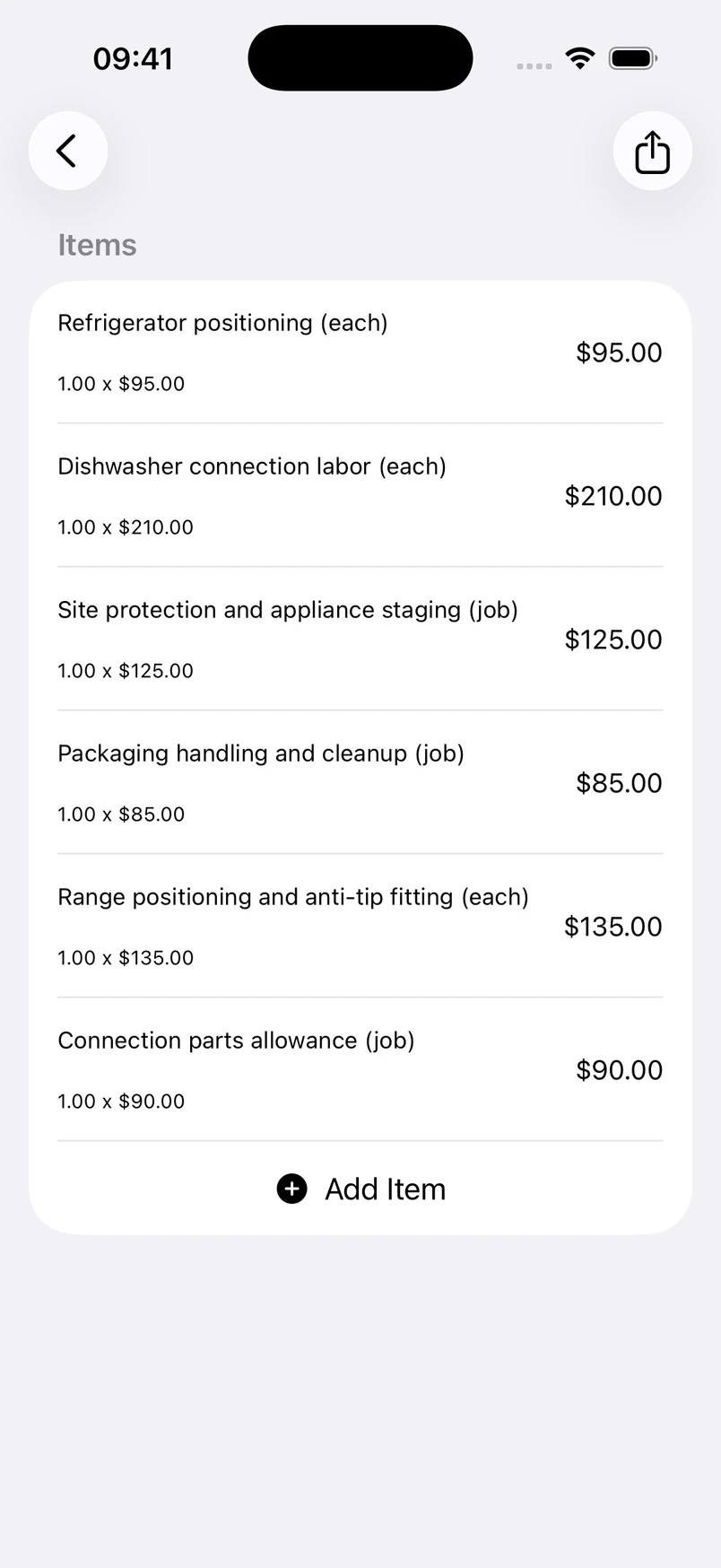 Kitchen appliance installation line items in the Estimates cost editor