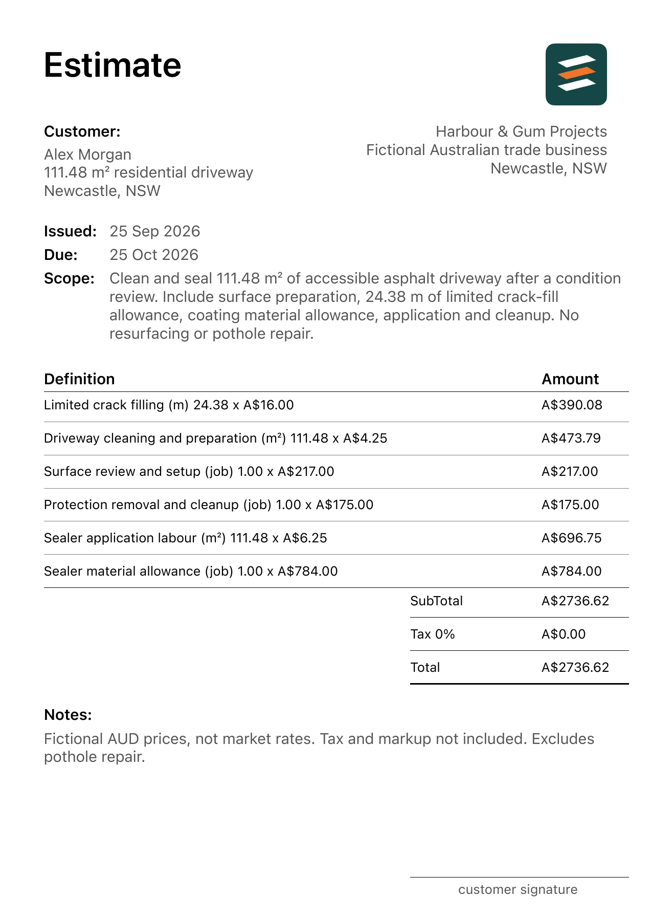 First page of the asphalt driveway sealing estimate PDF