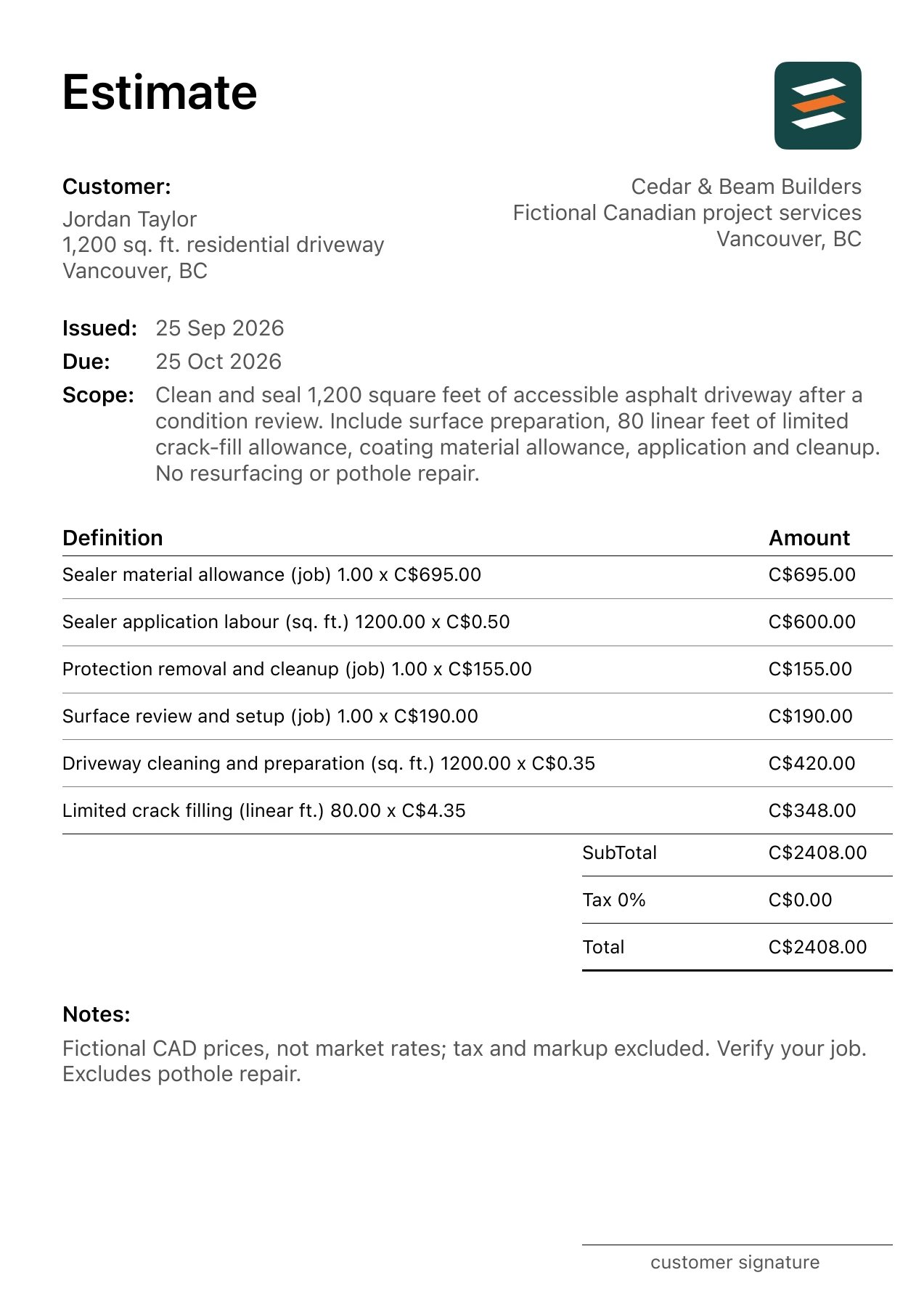 First page of the Vancouver, British Columbia asphalt driveway sealing estimate in Canadian dollars