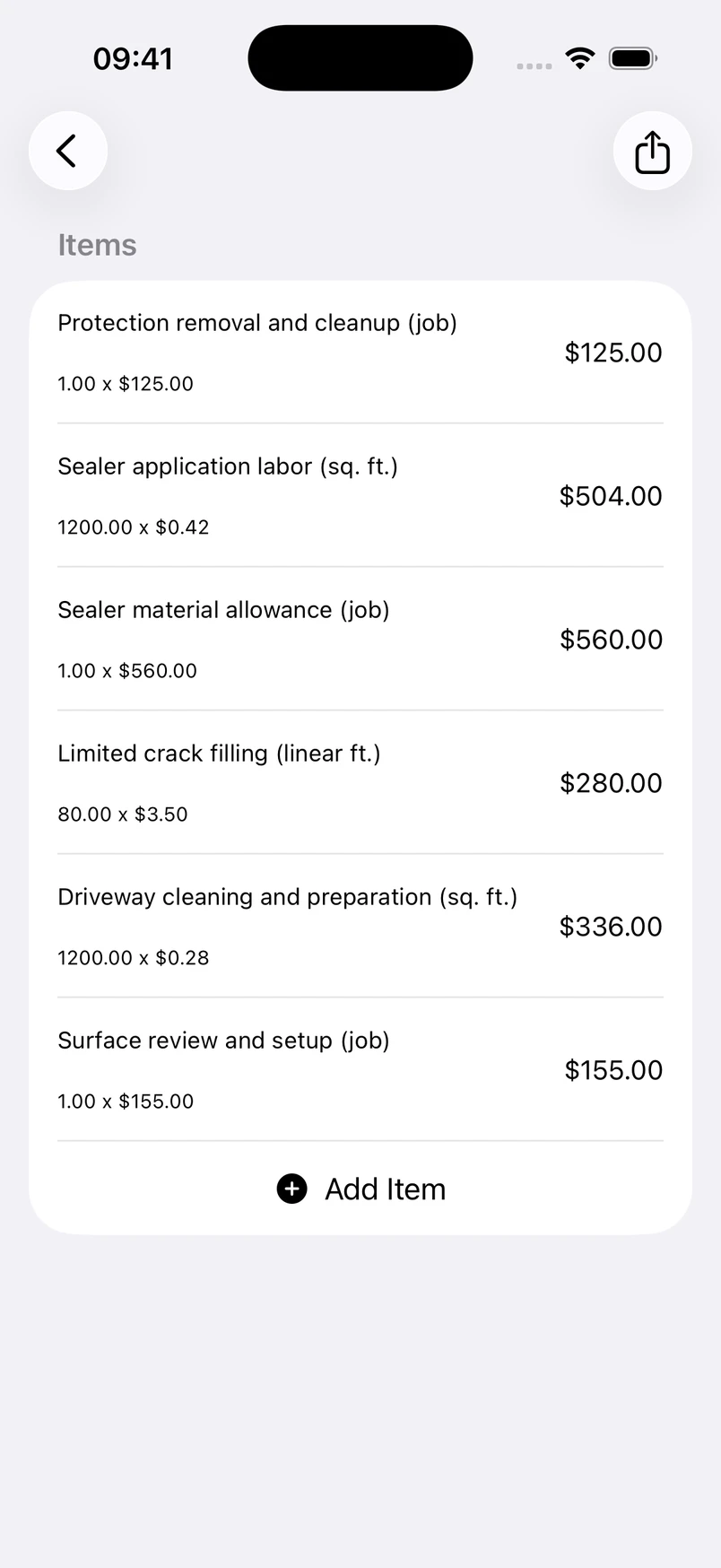 Asphalt driveway sealing line items in the Estimates cost editor