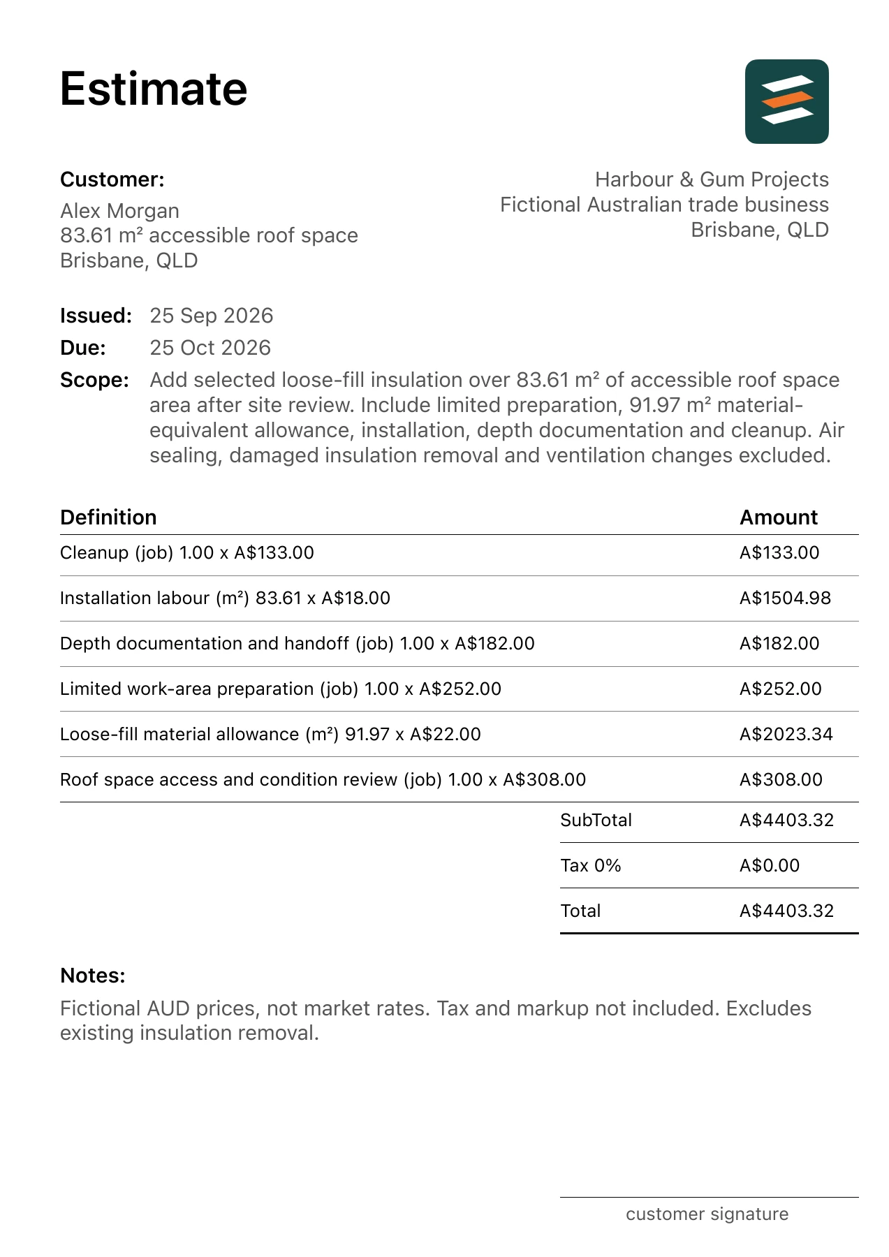 First page of the roof space insulation estimate PDF