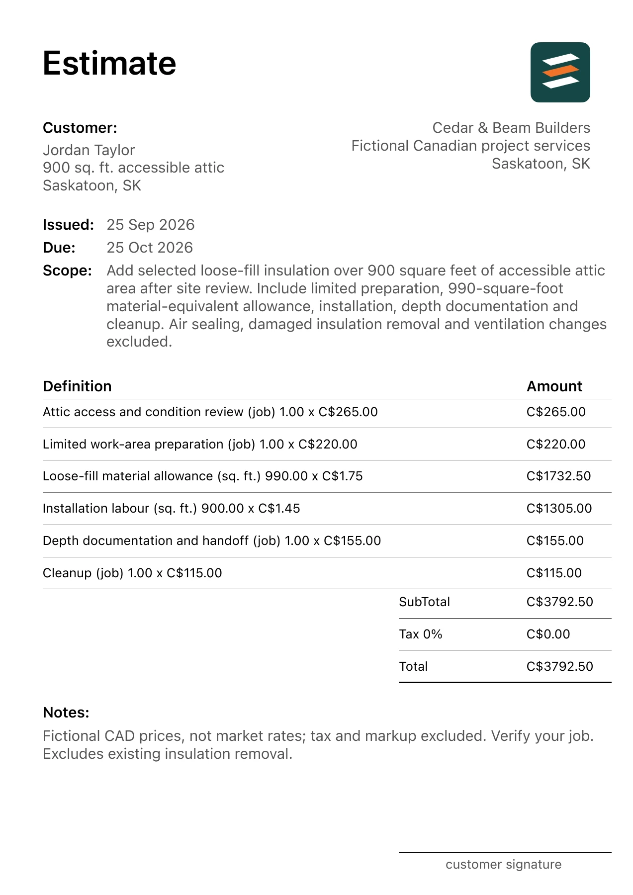 First page of the Saskatoon, Saskatchewan attic insulation estimate in Canadian dollars