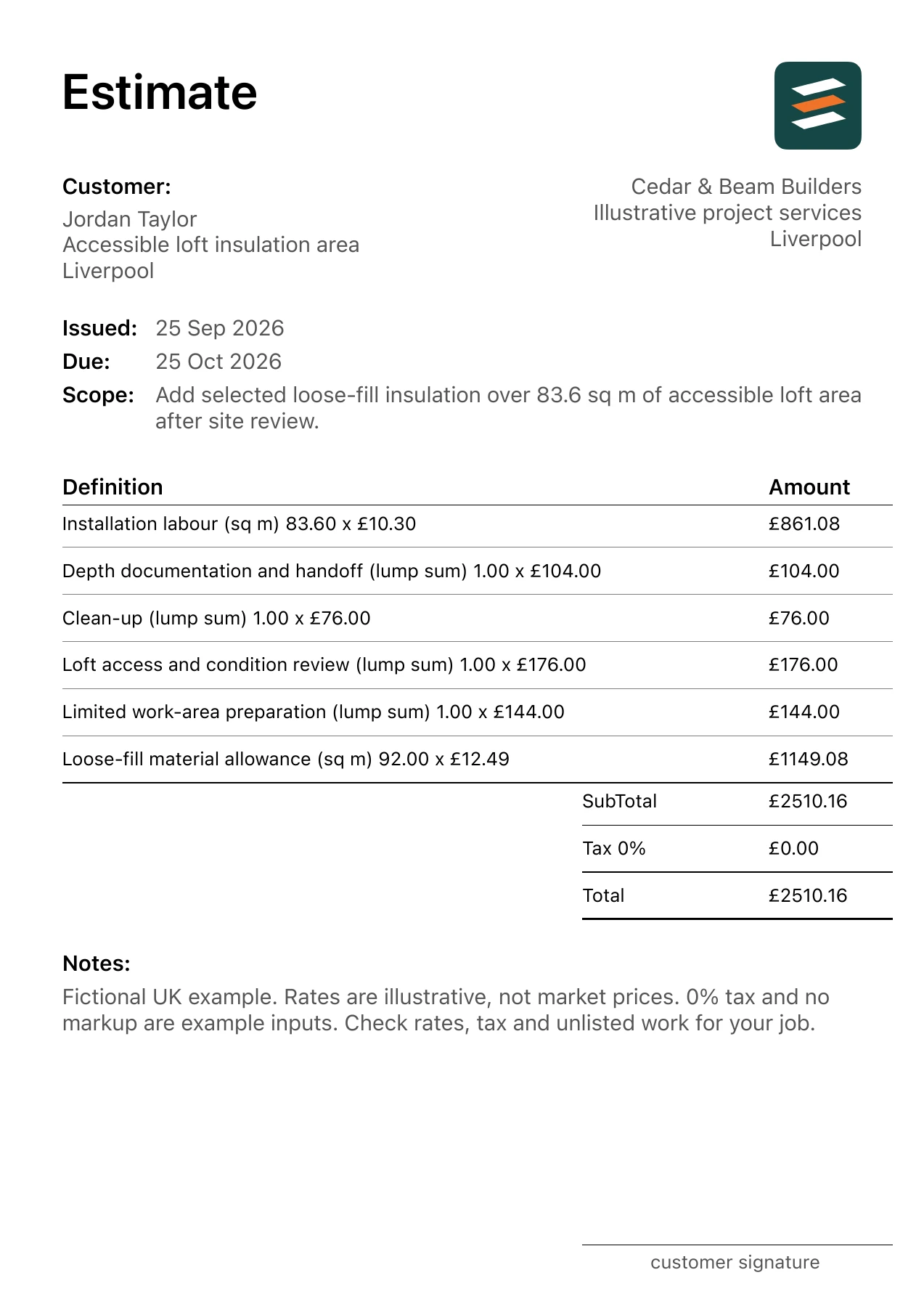 First page of the loft insulation estimate PDF for a fictional Liverpool job