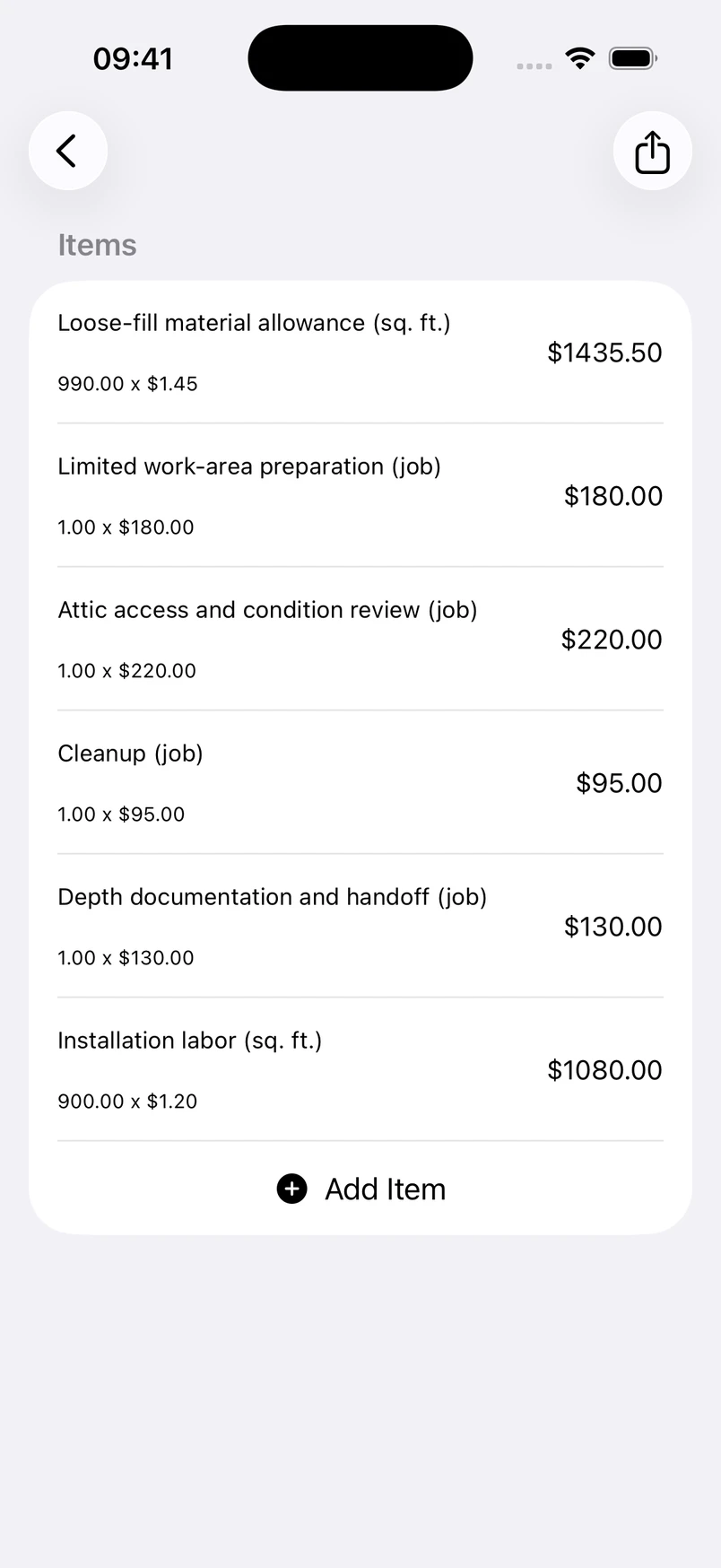 Attic insulation line items in the Estimates cost editor