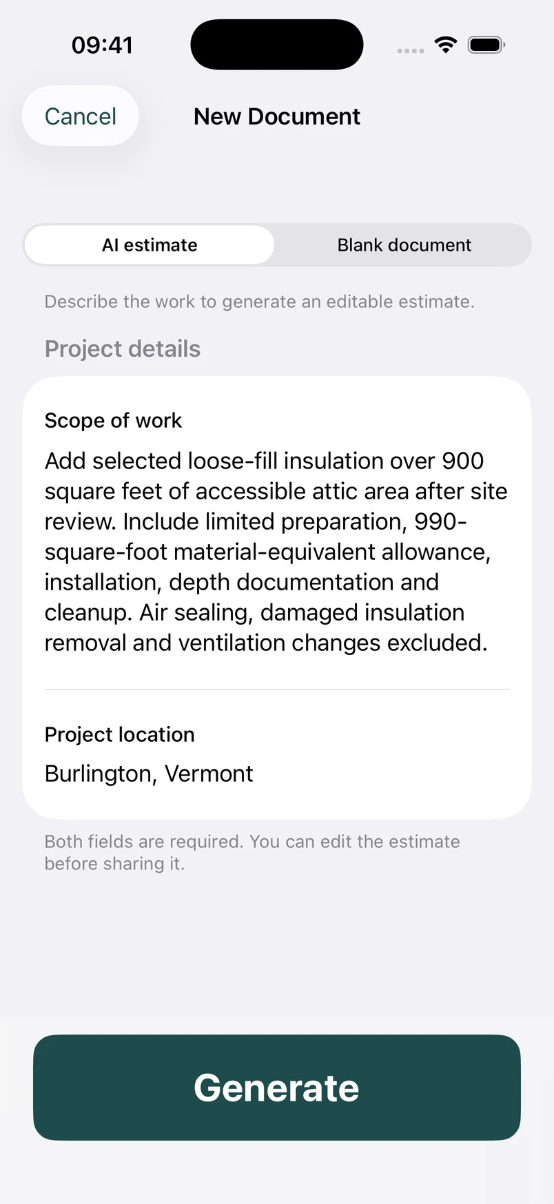 Attic insulation scope in the New Document screen