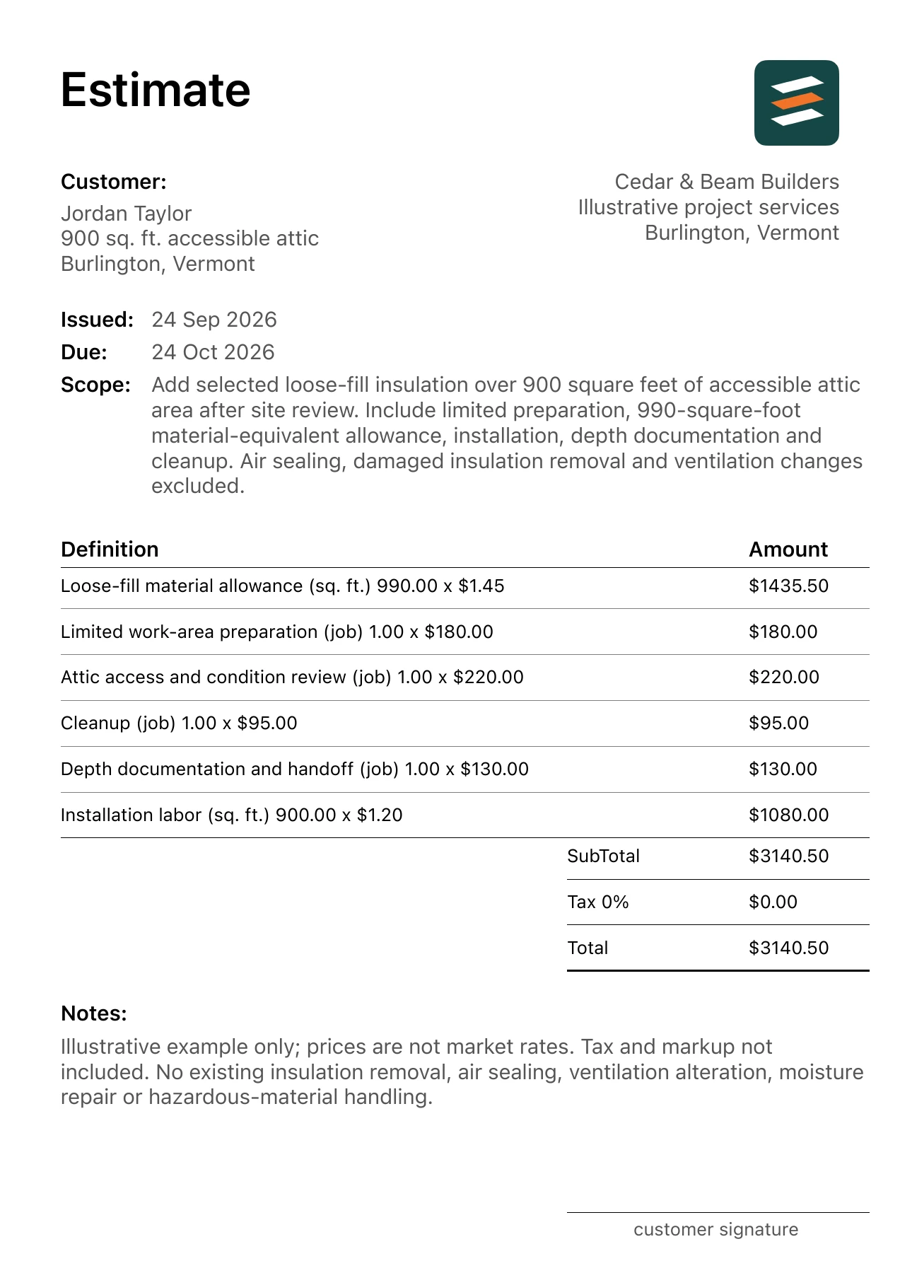 First page of the attic insulation estimate PDF