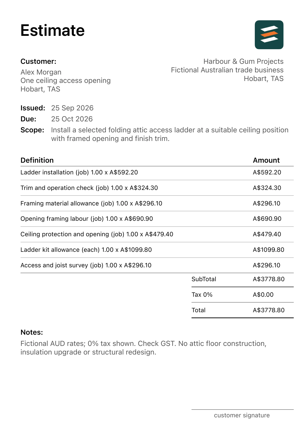 First page of the fictional Hobart, Tasmania attic ladder installation estimate PDF