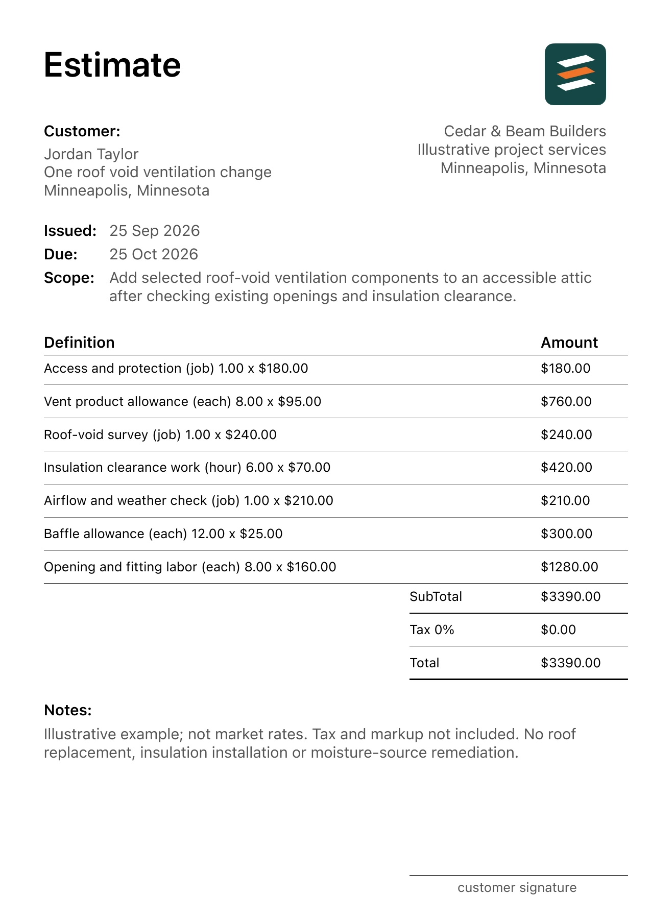 First page of the fictional attic ventilation retrofit estimate PDF