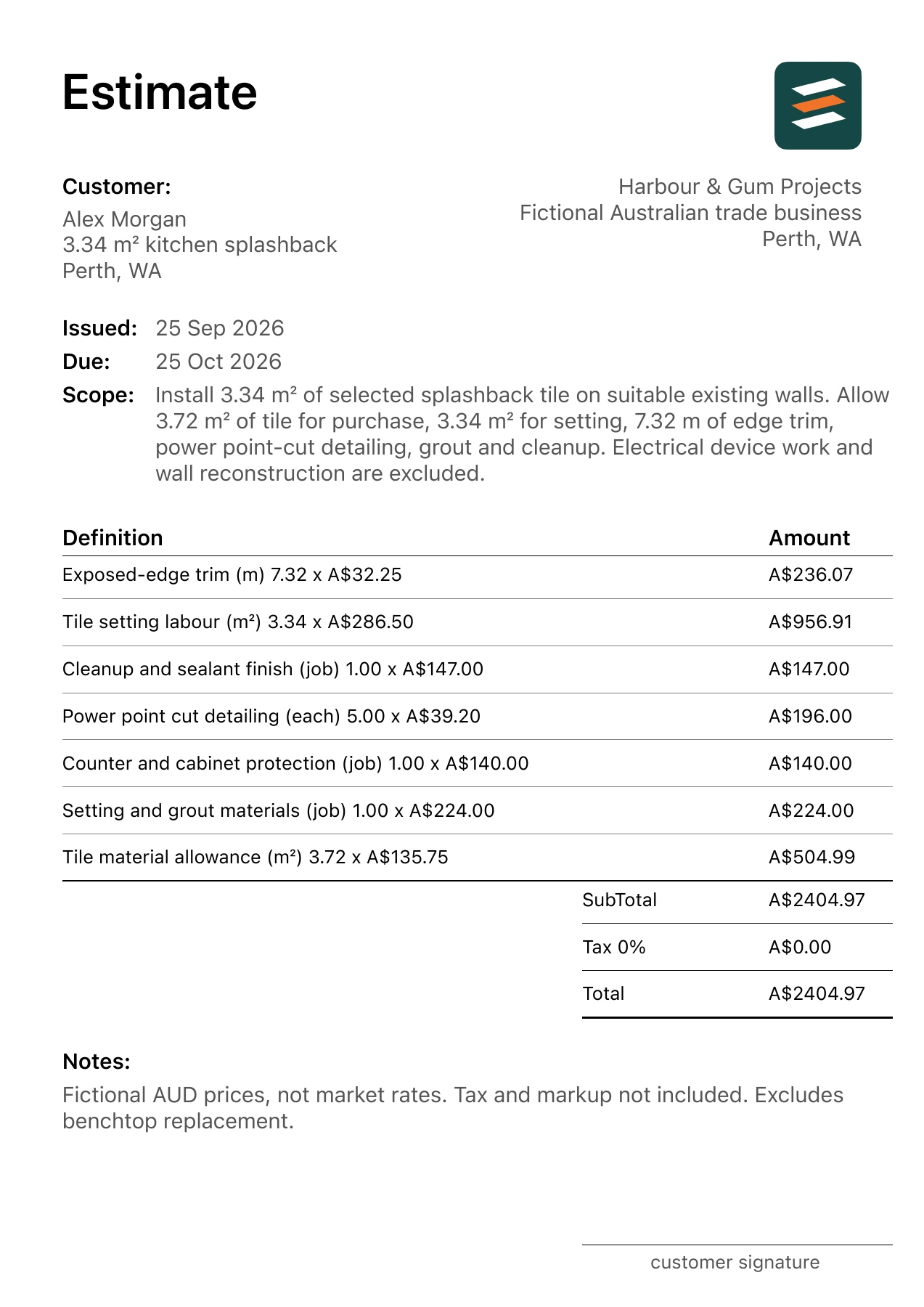 First page of the kitchen splashback installation estimate PDF