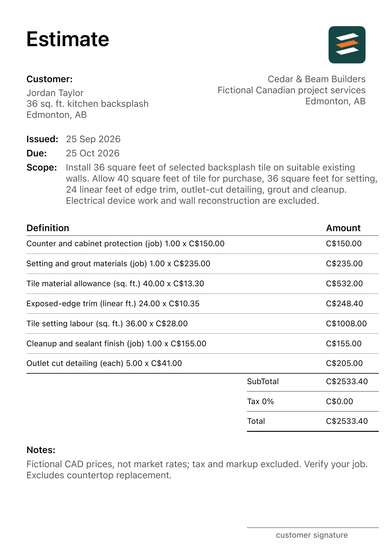 First page of the Edmonton, Alberta kitchen backsplash installation estimate in Canadian dollars