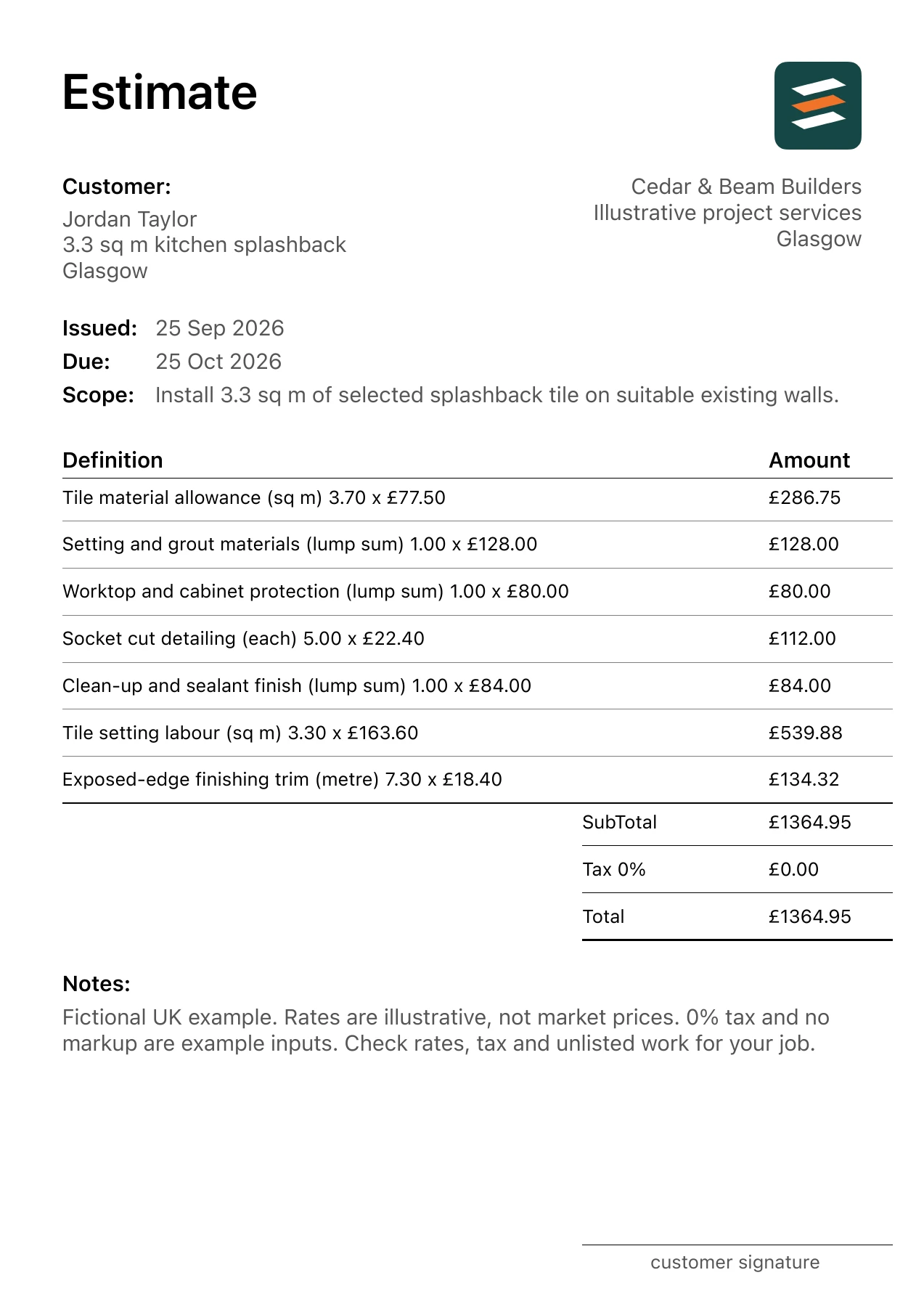 First page of the kitchen splashback installation estimate PDF for a fictional Glasgow job