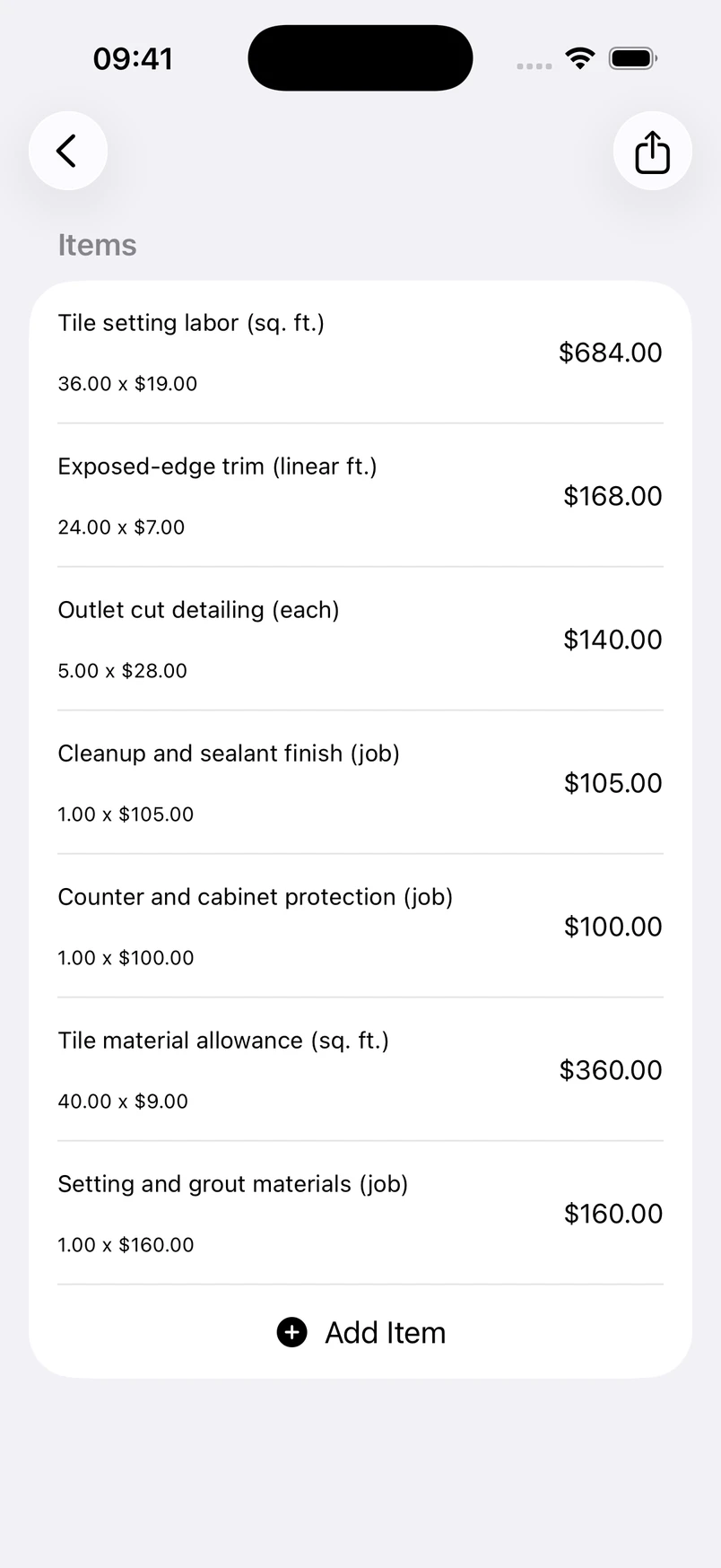 Kitchen backsplash installation line items in the Estimates cost editor