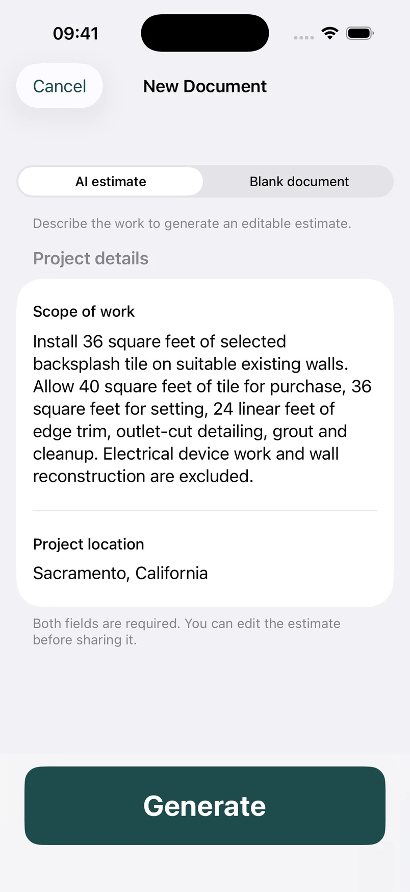 Kitchen backsplash installation scope in the New Document screen