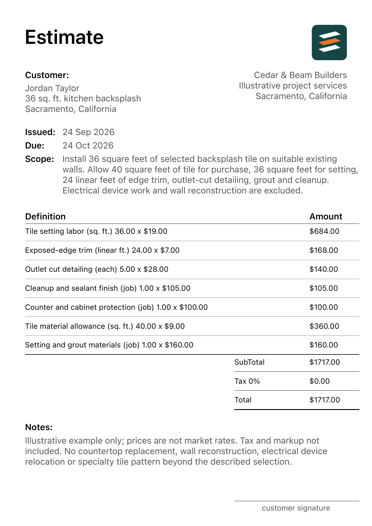 First page of the kitchen backsplash installation estimate PDF