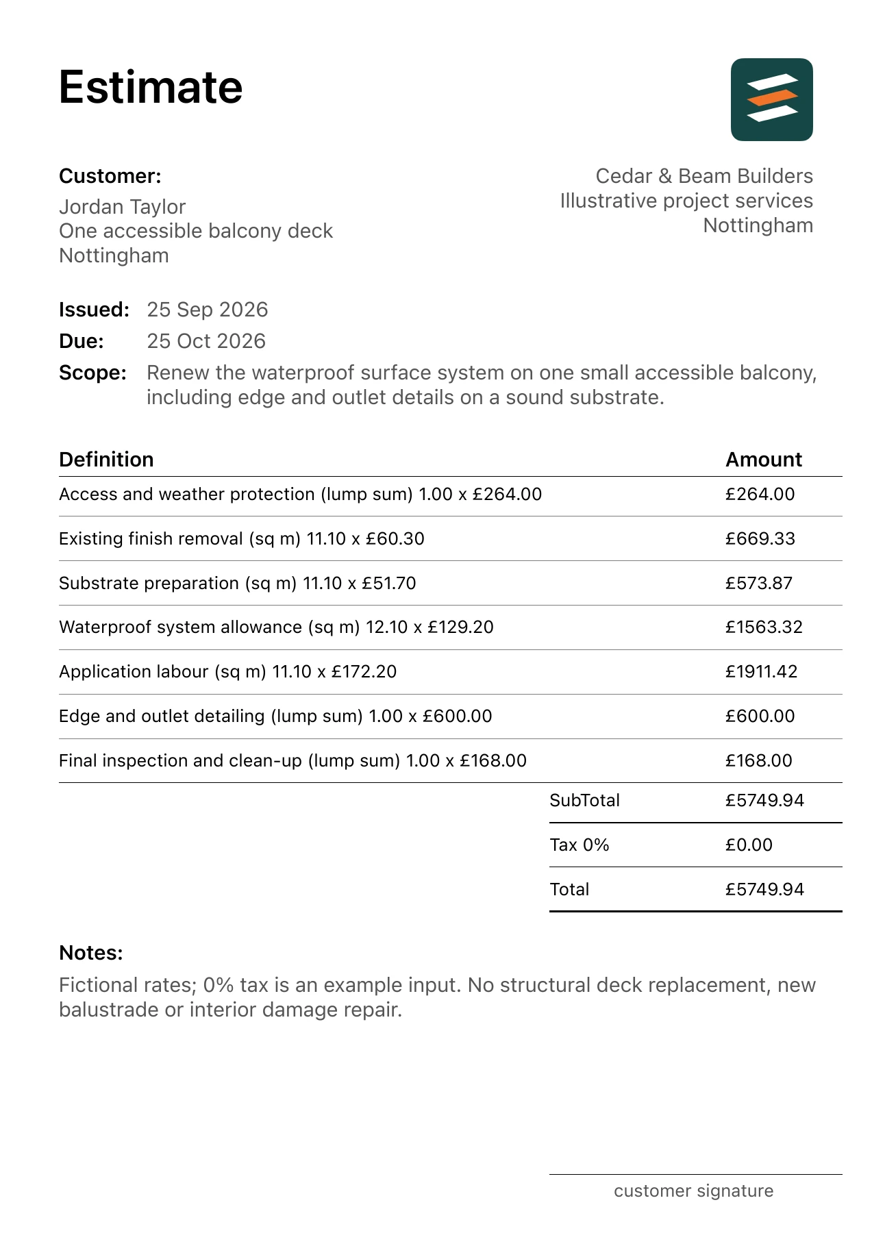 First page of the fictional balcony waterproofing renewal estimate PDF