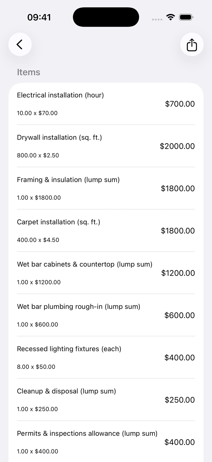 Review the basement line items in the app’s native cost editor.