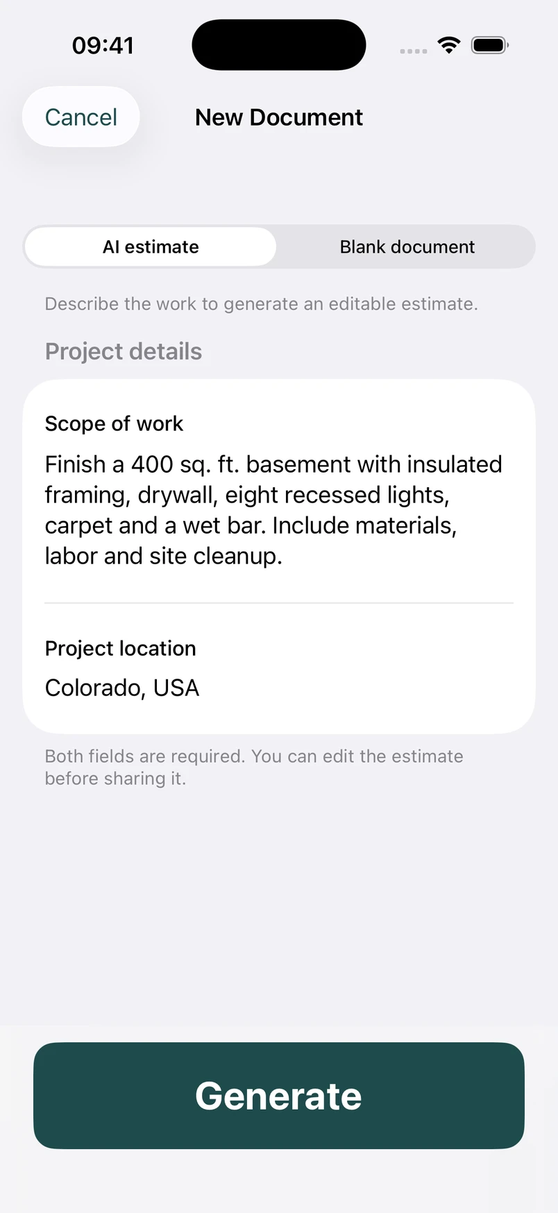 Enter the basement scope and location in New Document.