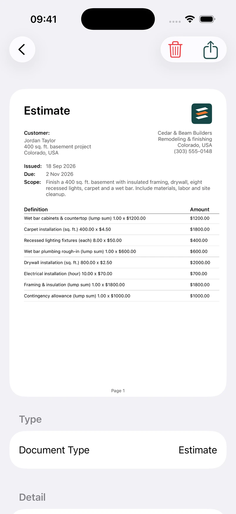 The estimate detail screen with the Cedar & Beam logo and PDF preview.