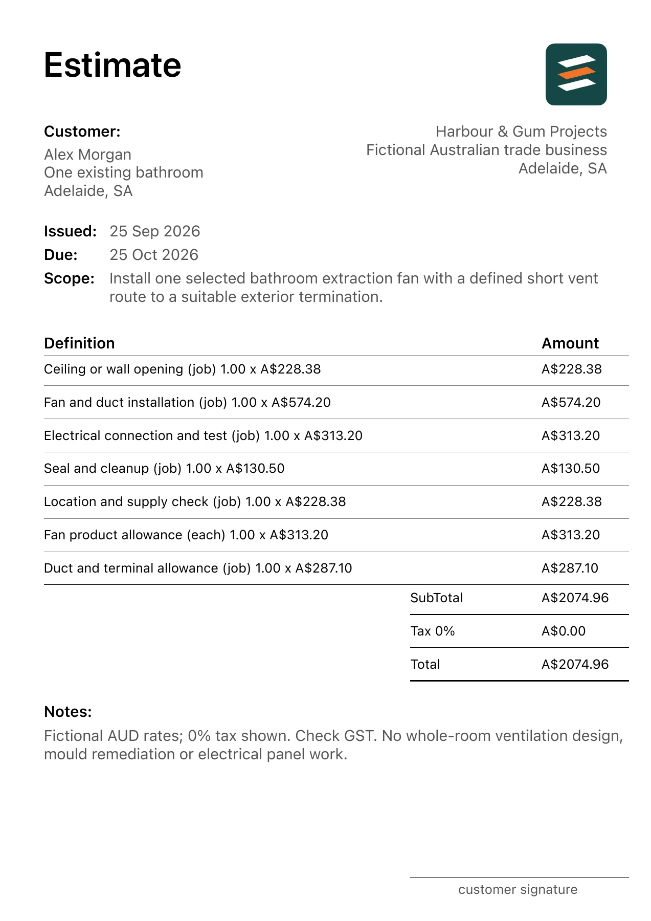 First page of the fictional Adelaide, South Australia bathroom extractor fan installation estimate PDF