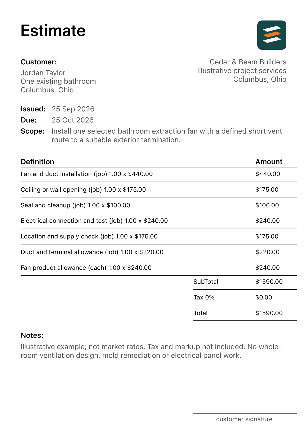 First page of the fictional bathroom extractor fan installation estimate PDF