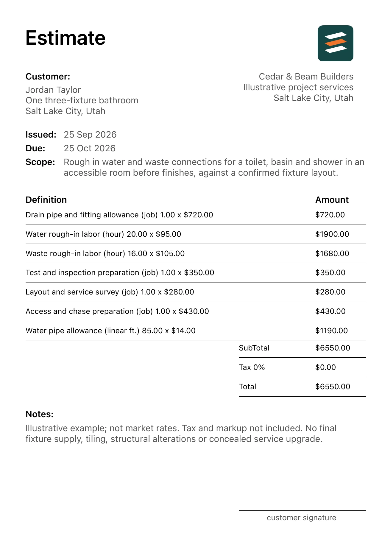 First page of the fictional bathroom fixture plumbing rough-in estimate PDF