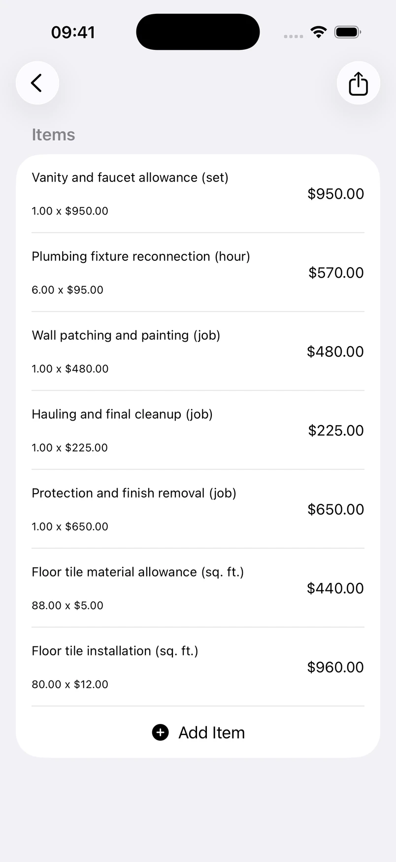 Bathroom remodel line items in the Estimates cost editor