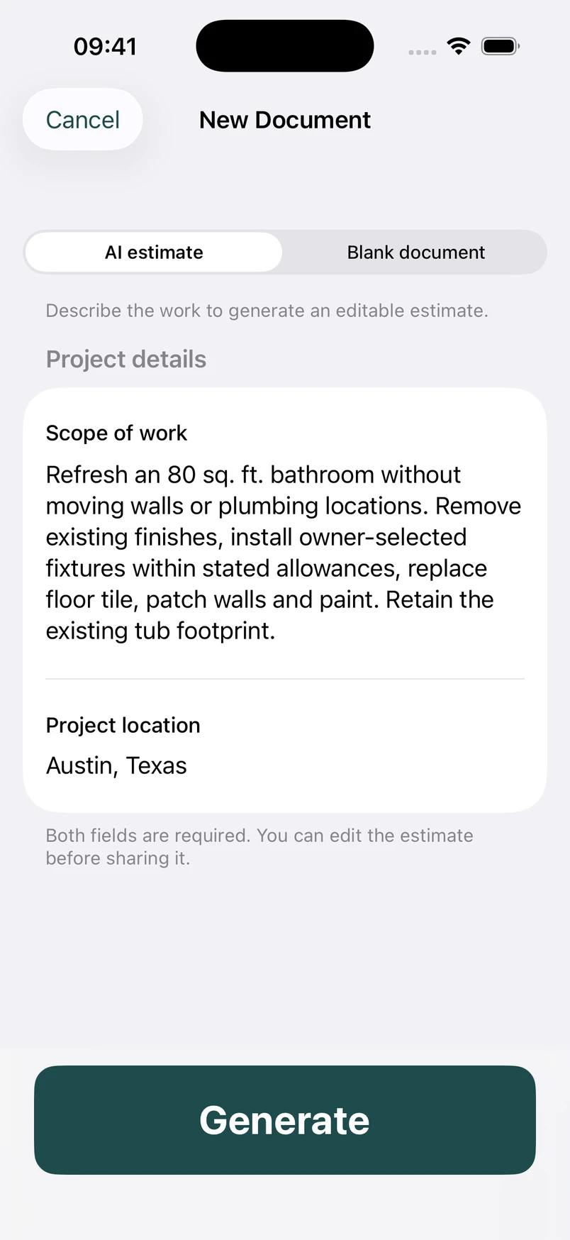 Bathroom remodel scope in the New Document screen