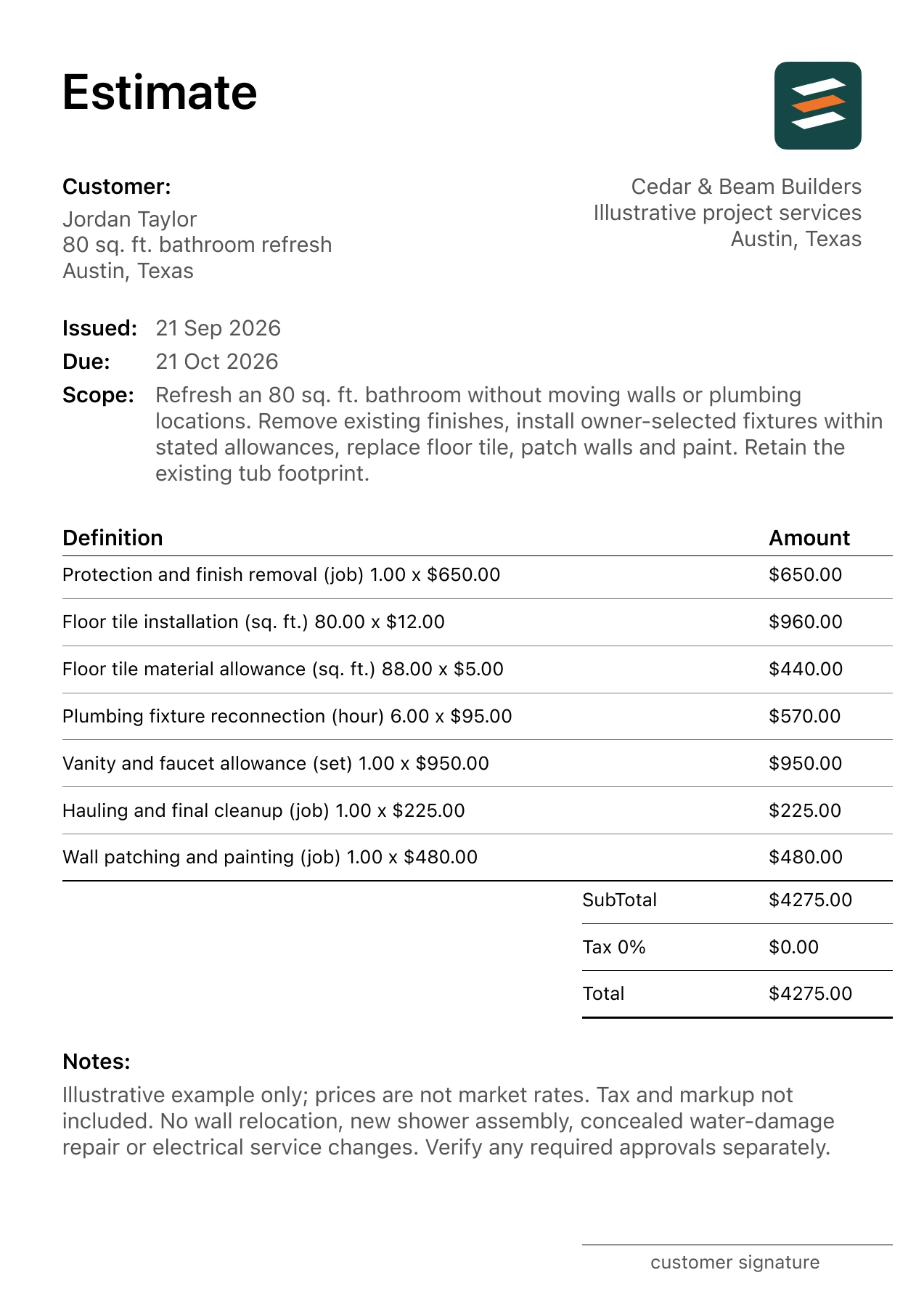 First page of the bathroom remodel estimate PDF