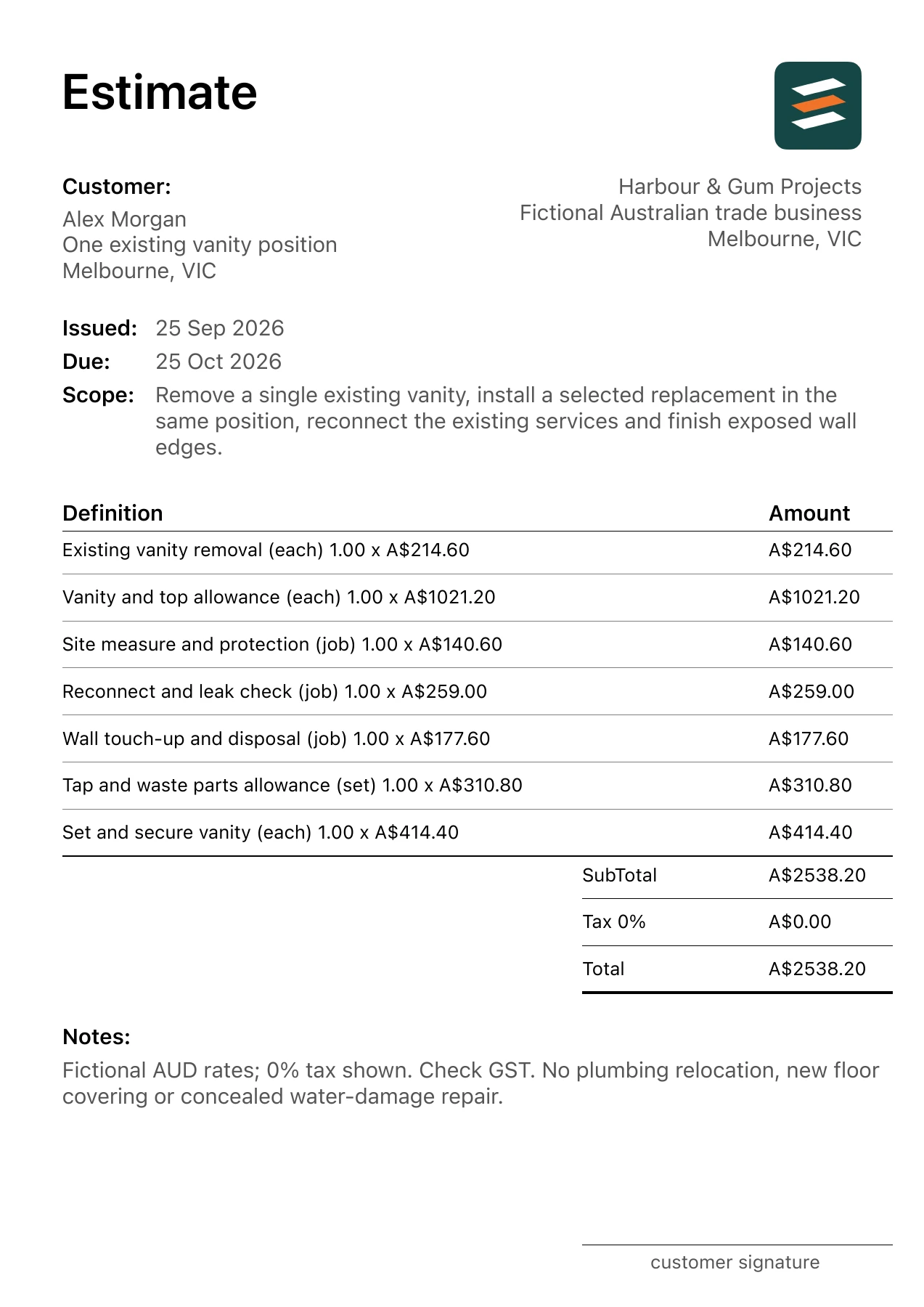 First page of the fictional Melbourne, Victoria bathroom vanity unit replacement estimate PDF