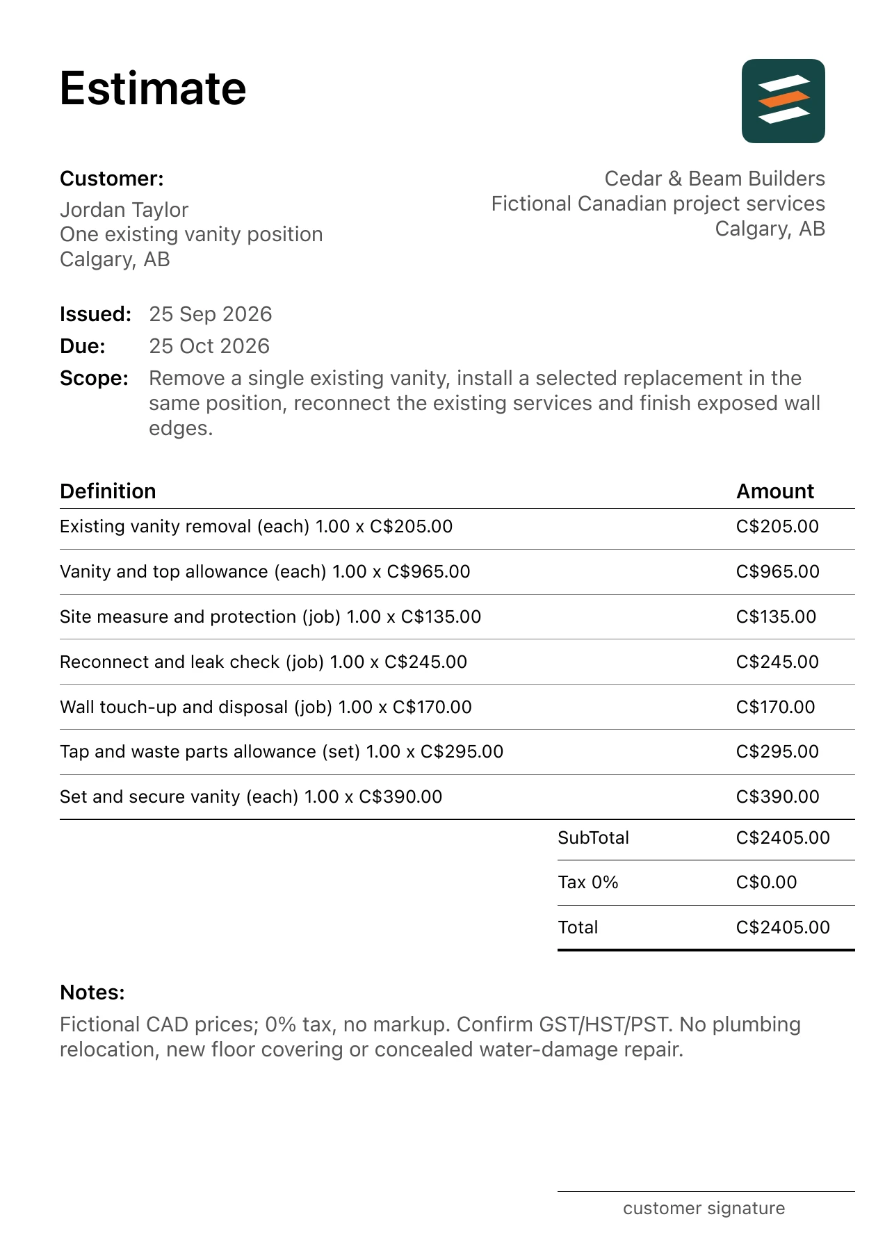 First page of the fictional Calgary, Alberta bathroom vanity replacement PDF estimate